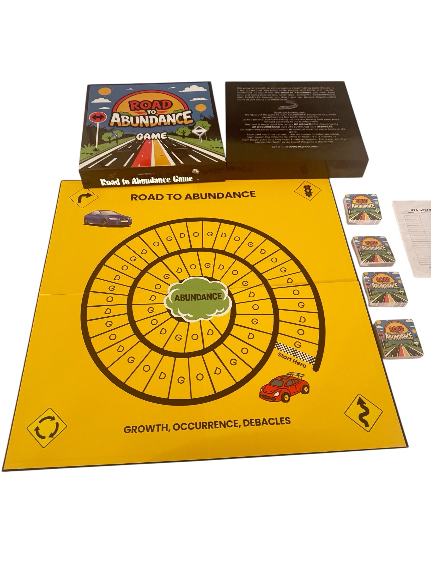 Road to Abundance game board, box, cards, and score sheet
