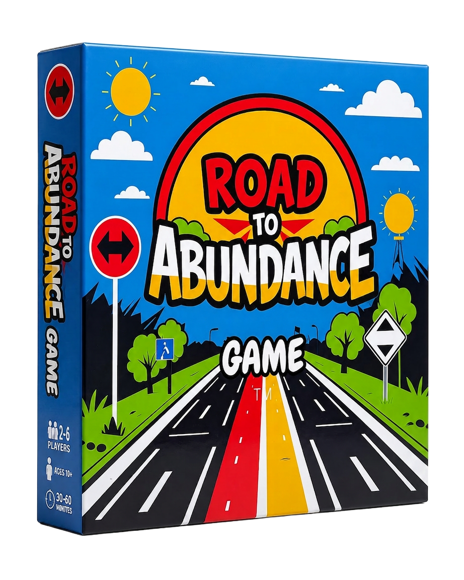 Road to Abundance family board game box and playing pieces